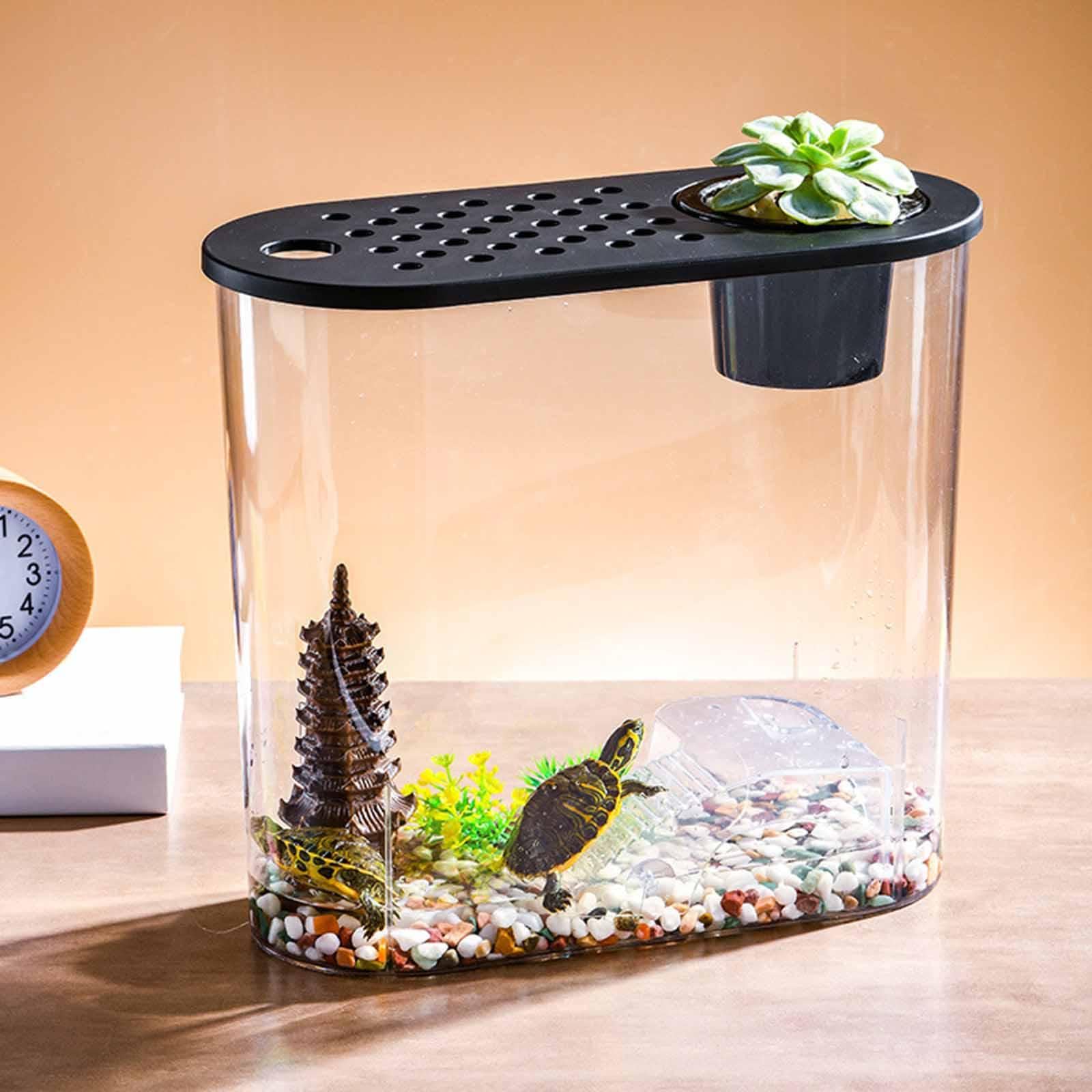 Aquarium Petit Contenant à Poissons de Bureau Mini avec Fenêtre Claire Matériel PP Couvercle Ventilé Détachable Utilisation Hydroponique pour, Couvercle Noir