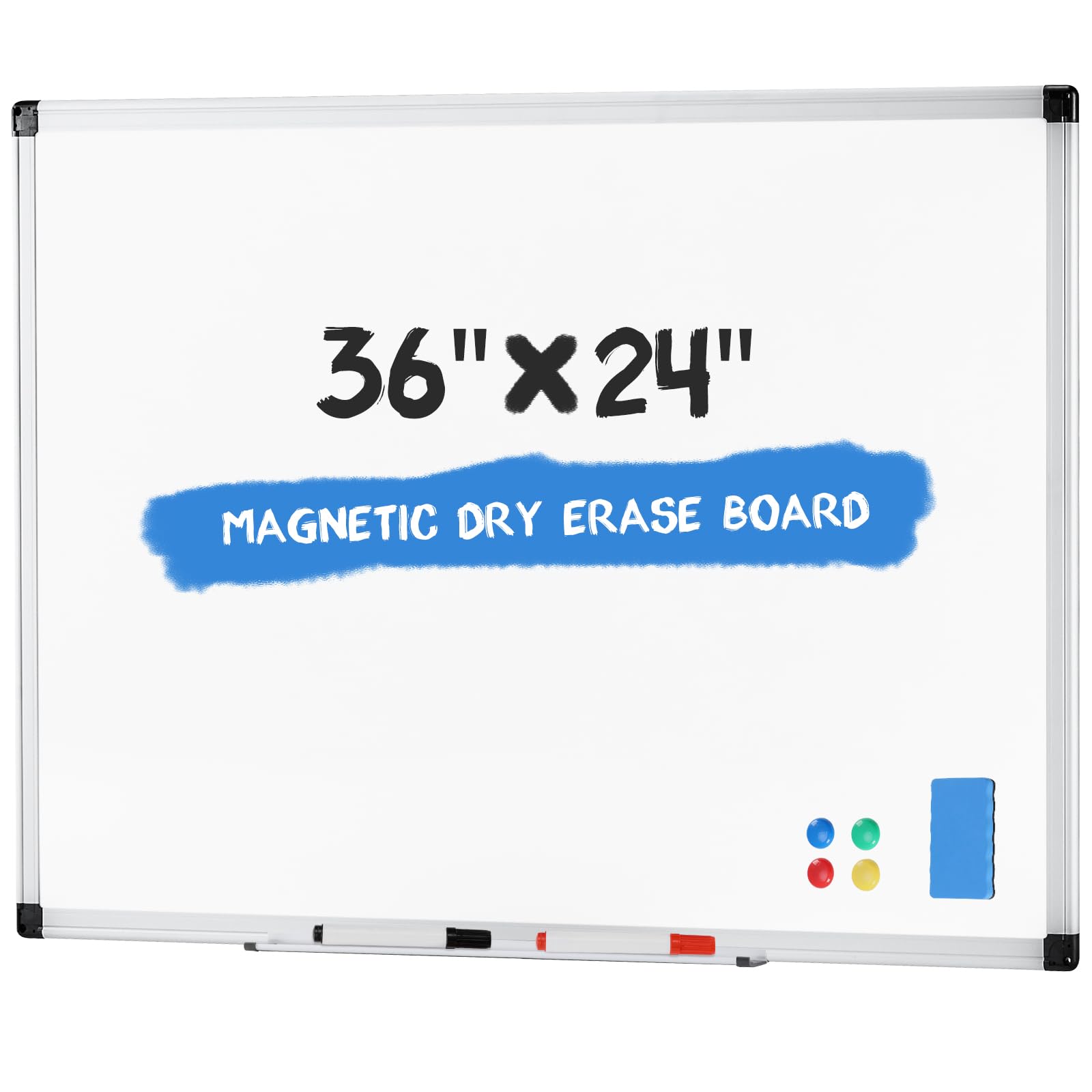 NEWBULIG Magnetic Dry Erase Board, 36" x 24" Large White Board for Wall with 1 Dry Eraser & 2 Multicolor Markers & 4 Magnetic Pins, Silver Aluminum Frame for Office, Home, School