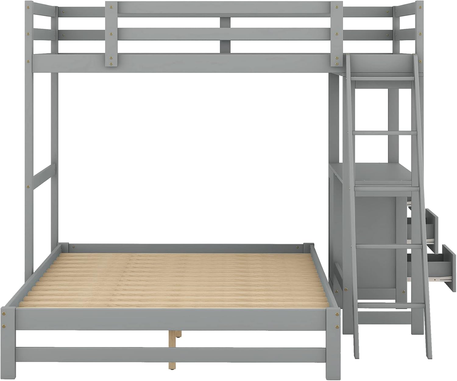 Merax Twin Over Full Bunk Bed with Ladder & Guardrails, Solid Wood Bunk Beds Frame with Built-in Desk and 3 Drawers, Split into Twin Size Loft Bed & Full Size Platform Bed, No Box Spring Needed, Gray
