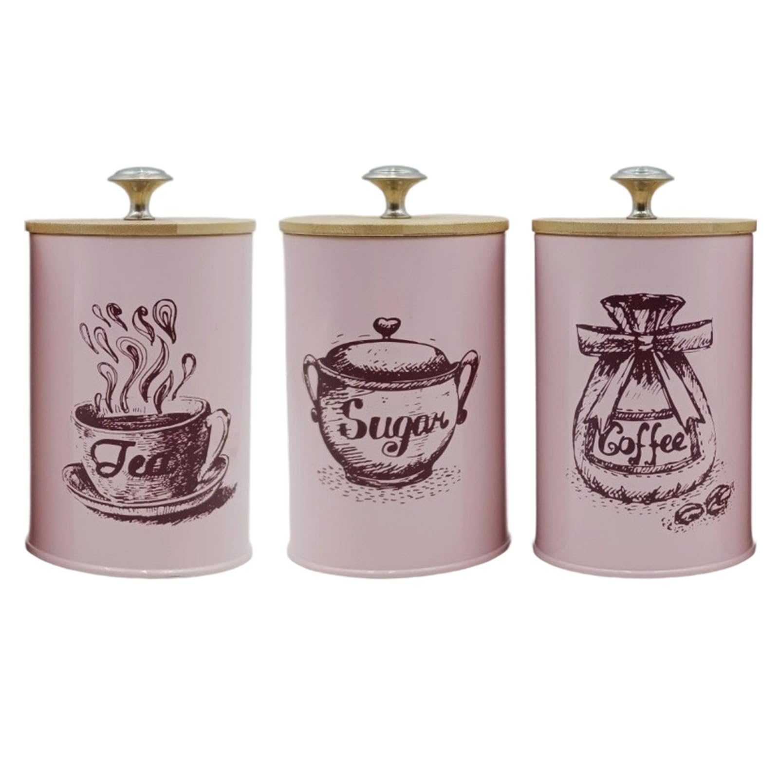 Hsioluted 3 Pieces Multipurpose Coffee Sugar Canisters Set for Kitchen Countertop Storage with Stylish Airtights Wood Lids Iron and Wood Canisters