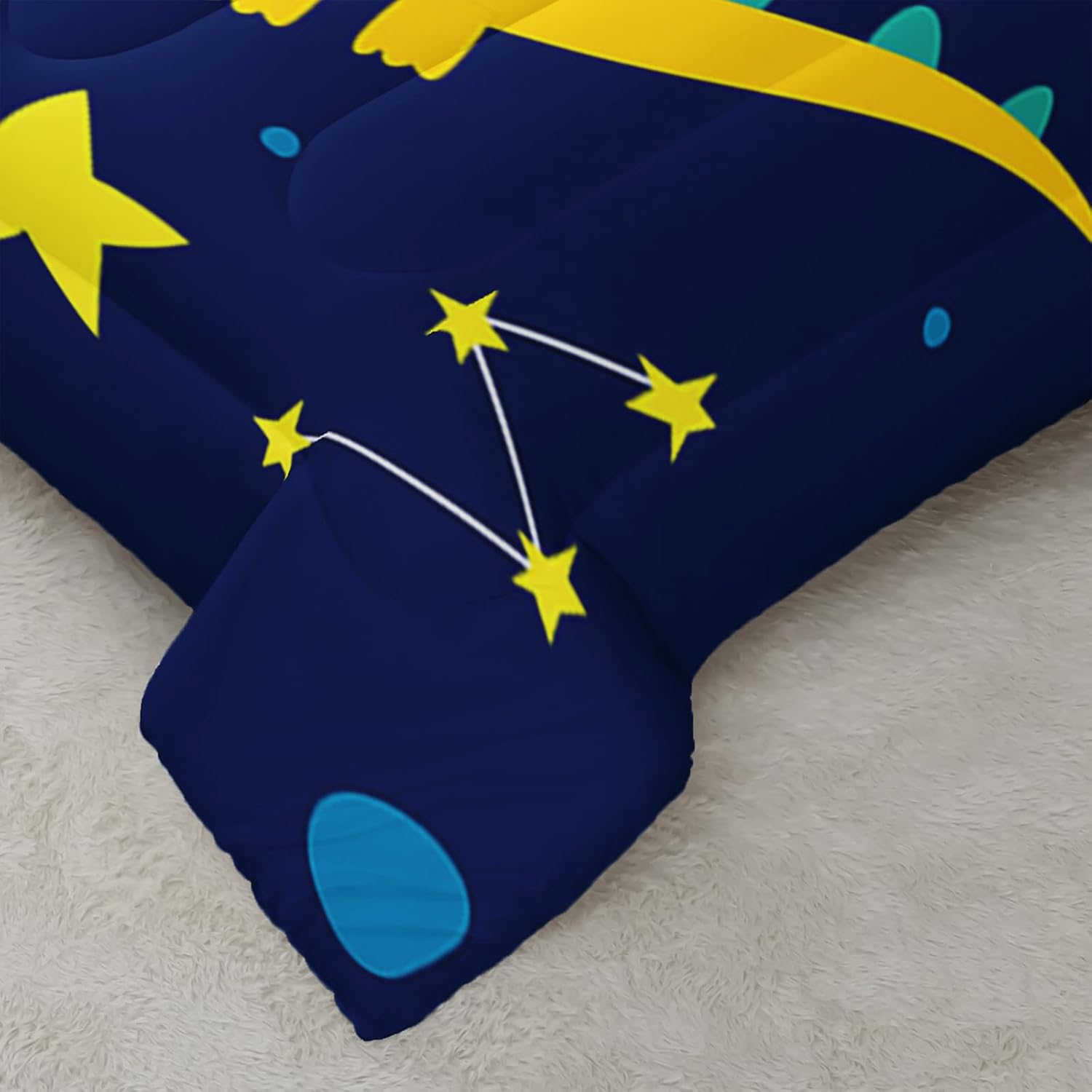 QOOMO Cartoon Space Dinosaur Kids Comforter Set for Boys Girls Queen Size Black Dino Bedding Set Super Soft Dinosaurs Quilt with 1 Comforter and 2 Pillowcases Lightweight Microfiber for All Seasons