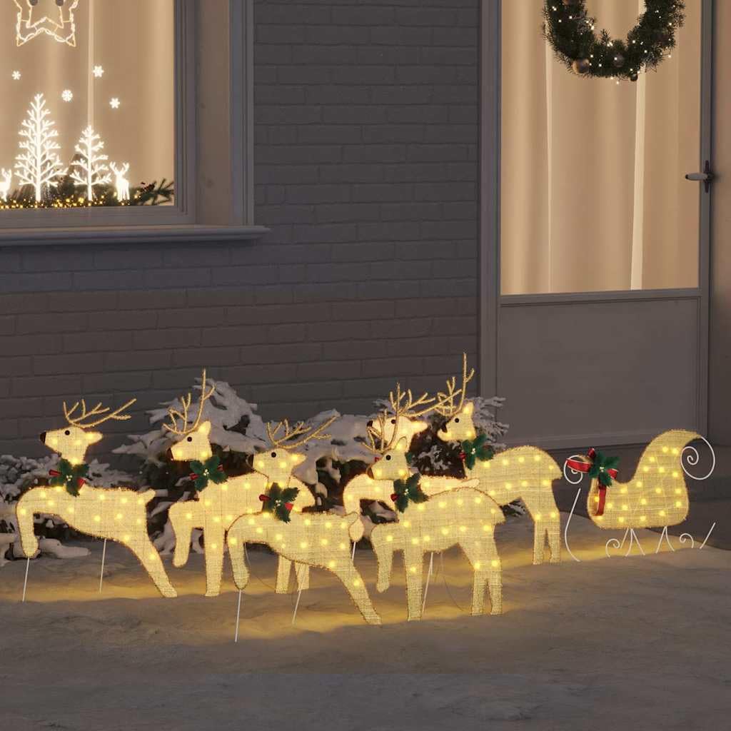 HaoChrymec Renne natalizie con slitta a LED in tessuto, oro, set da 7 pezzi