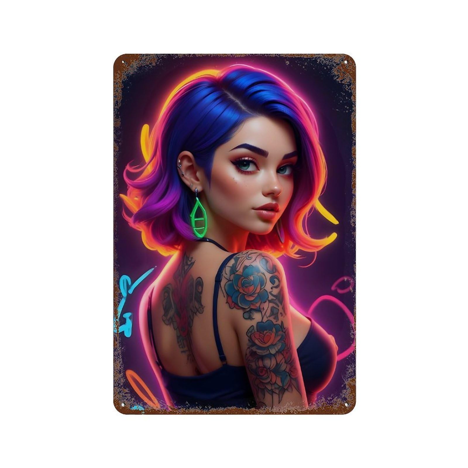 Neon Girl with Tattoo Decorative Tin Sign 11.8"x7.9", Shabby Chic Decor for Garage, Pub Or Kitchen