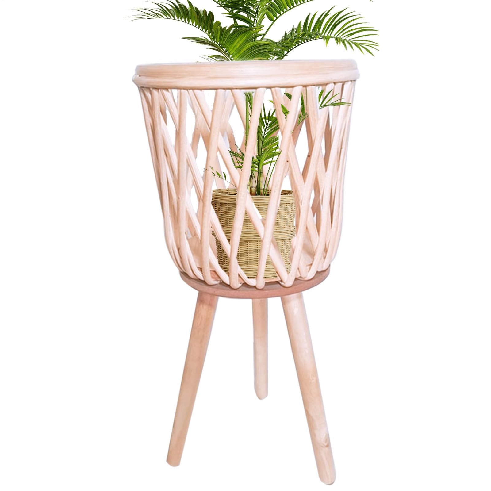 Support élégant de style bohème avec patins pour grand pot de fleurs et panier en rotin