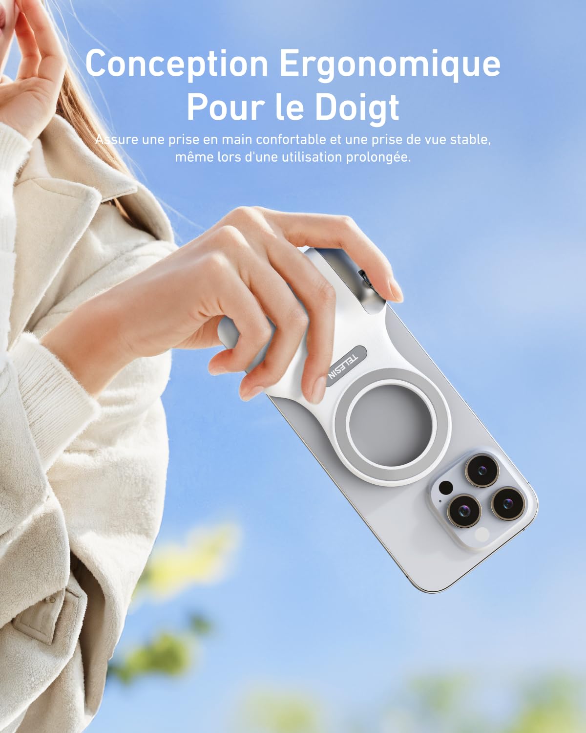TELESIN Fun Shot Smartphone Handle Grip + C03 Lampe Selfie (Blanc) + Trépied Métal, Poignée Caméra Smartphone Creator Kit avec Détachable Télécommande Bluetooth, Compatible iPhone/MagSafe/Android