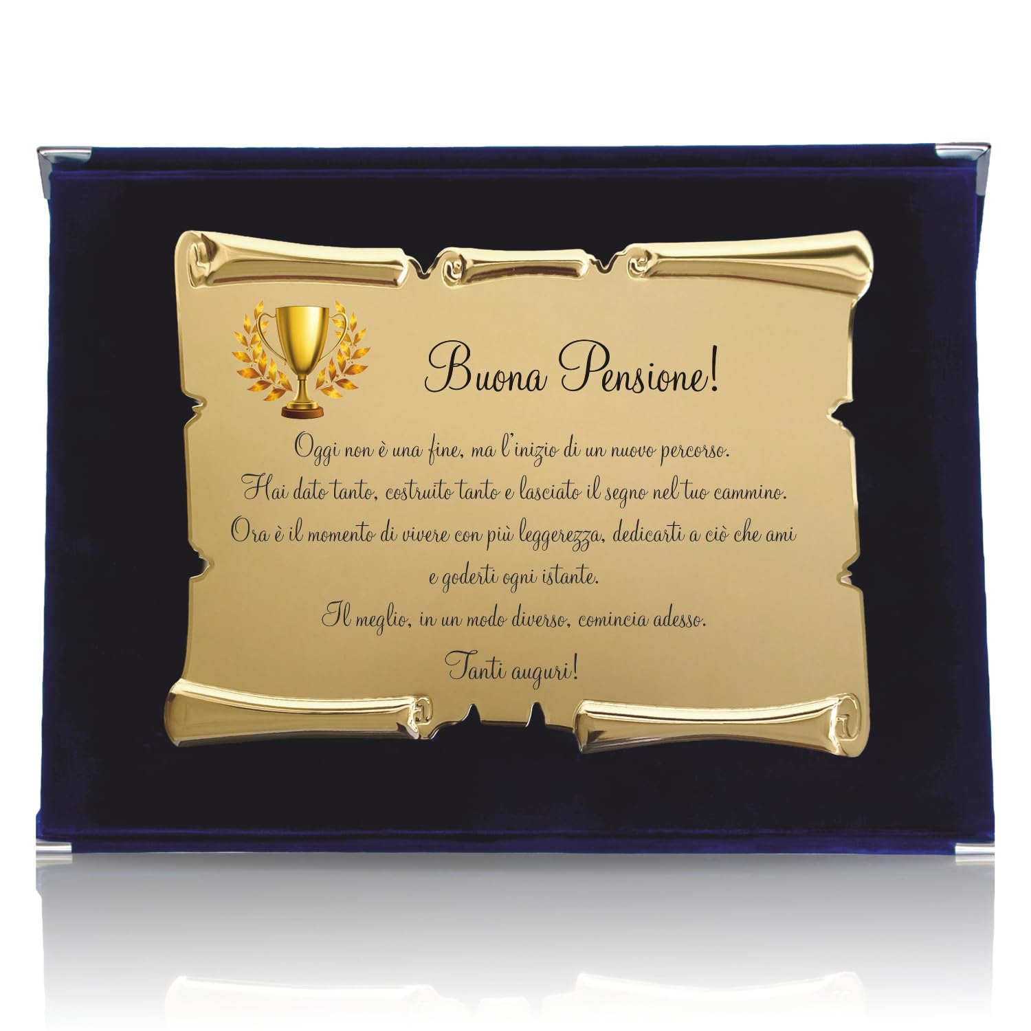 Placa de pensión con pergamino en estuche de terciopelo – Idea regalo jubilación – Placa de celebración con dedicación – Recuerdo elegante para colega, amigo o familia (azul, dedicación emocional)