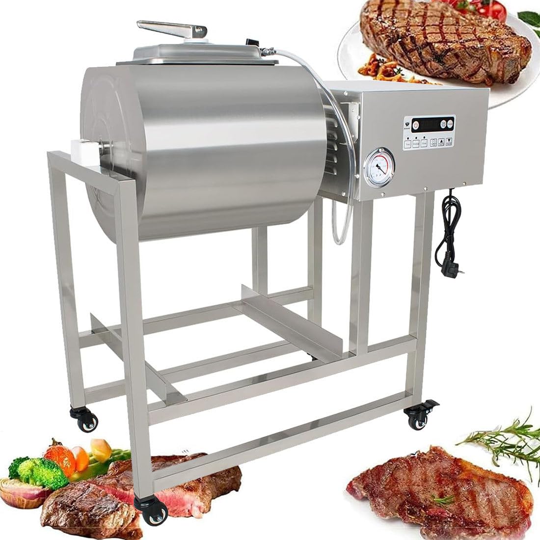 MazmornFly Commercial Meat Tumbler Marinator, 45L Vacuum Tumbler Marinating Machine with Bidirectional Rotation and 3-Speed, Stainless Steel Vacuum Curing Machine for Chicken Steak Pork, Restaurant