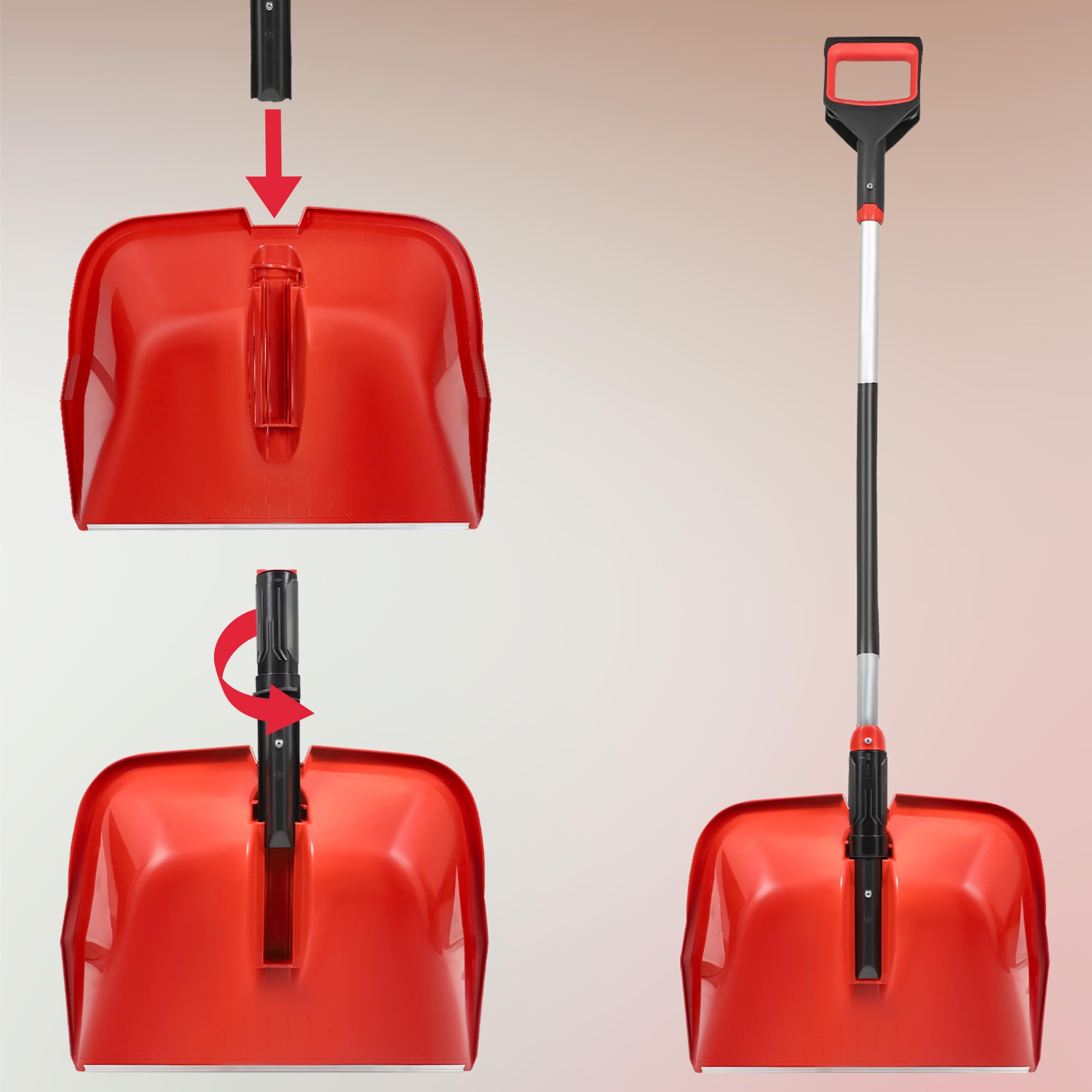 KOTARBAU® Pala da neve in plastica, 40 x 50 cm, con manico ergonomico, 144 cm, colore rosso, con attacco in alluminio, per la neve