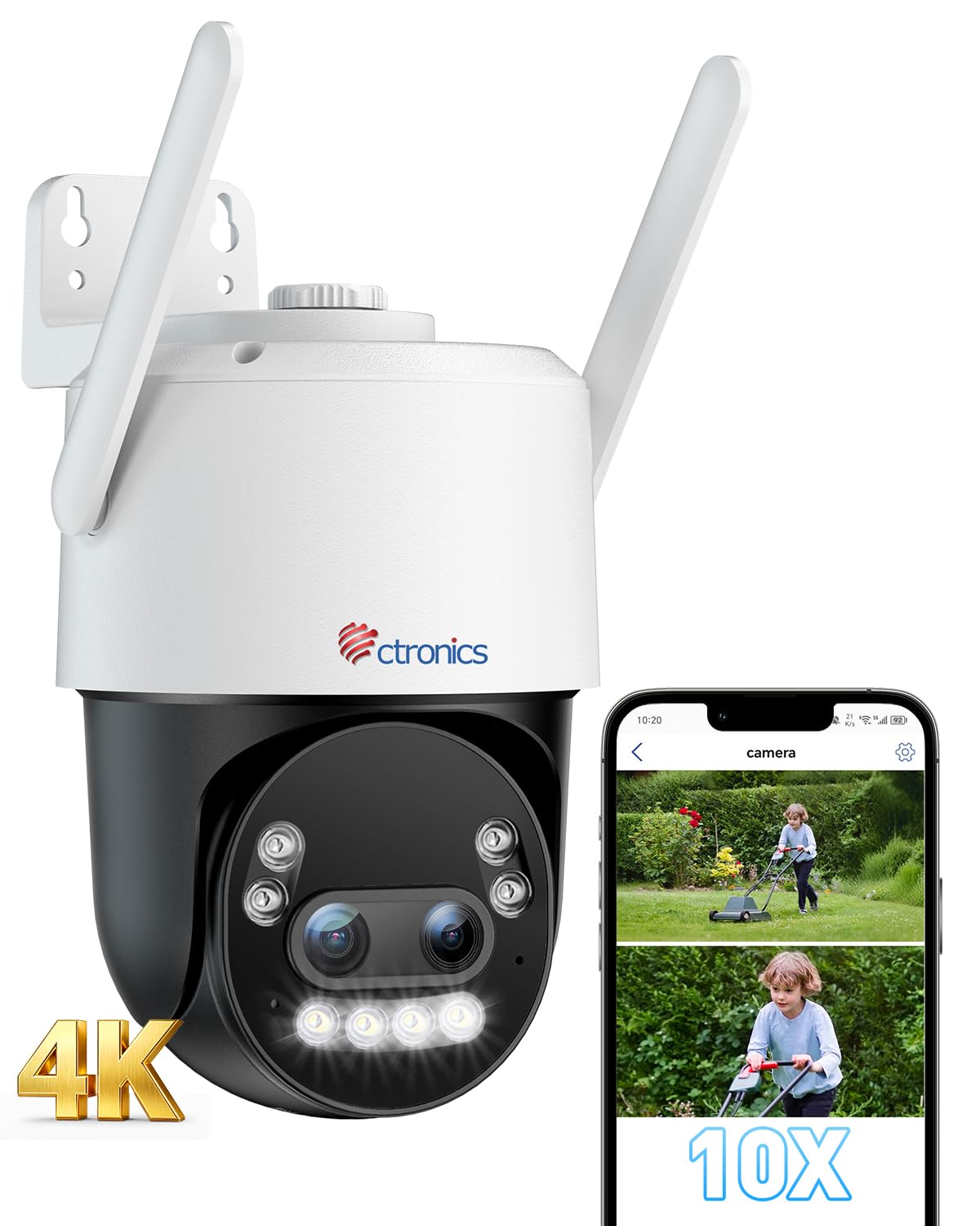 Ctronics 4K 10X Hybrid Zoom Überwachungskamera Aussen | Auto Zoom-Tracking,Personen-/Fahrzeug-/Tiererkennung, Farbnachtsicht 8MP, 2,4/5GHz WiFi, PC/TF/Cloud/FTP/NAS,Metal,IP66