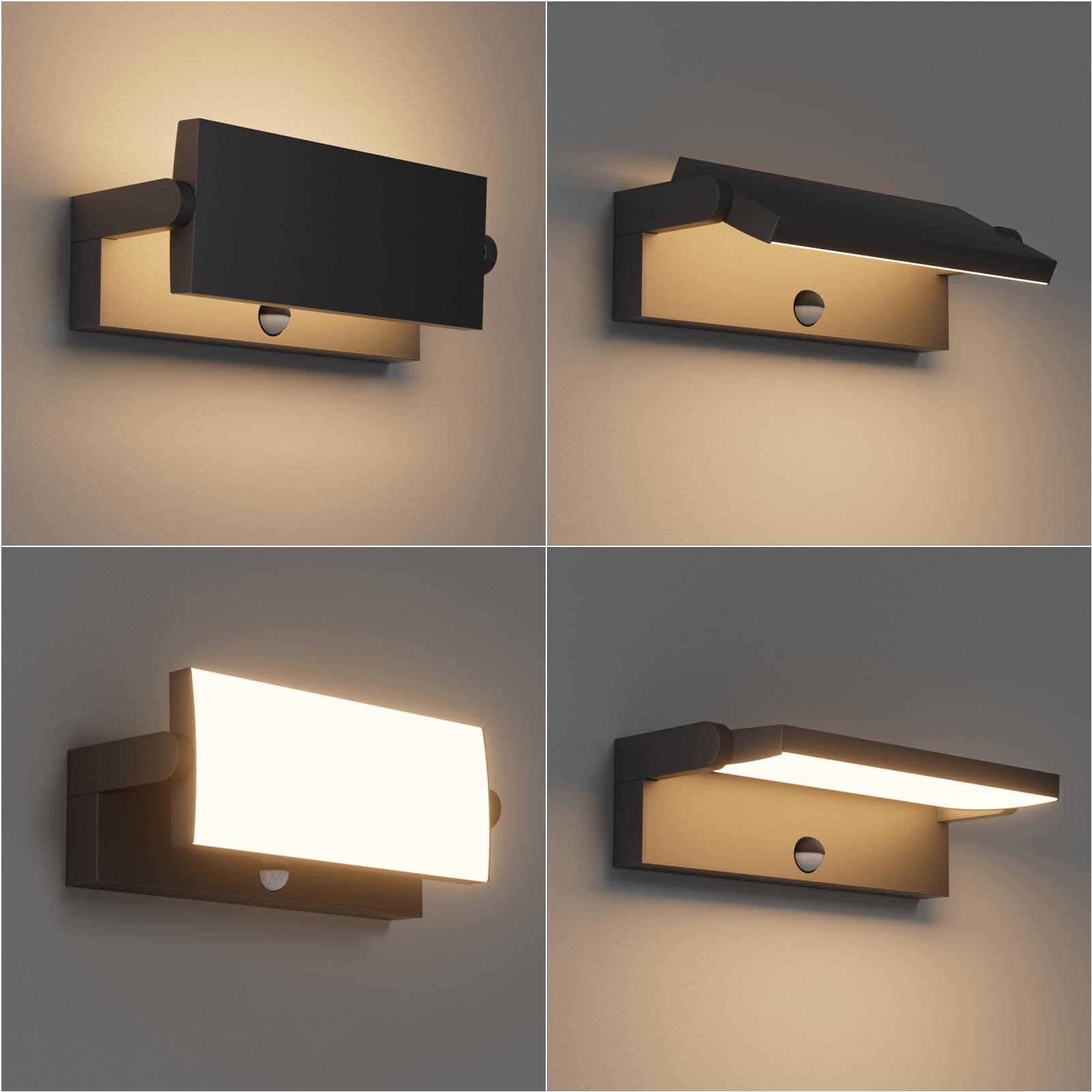 Klighten 45W Apliques LED Exterior con Sensor de Movimiento, IP65 Luz Pared Exterior Interior Ajustable, Lámpara Pared Aluminio para Terraza Jardines Balcón, 3480LM, Blanco Calido 3000K, Negro