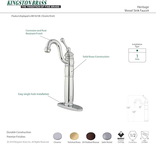 Miniatura 4 de Kingston Brass KB1428BL Heritage - Grifo para fregadero con placa de cubierta opcional, níquel cepillado