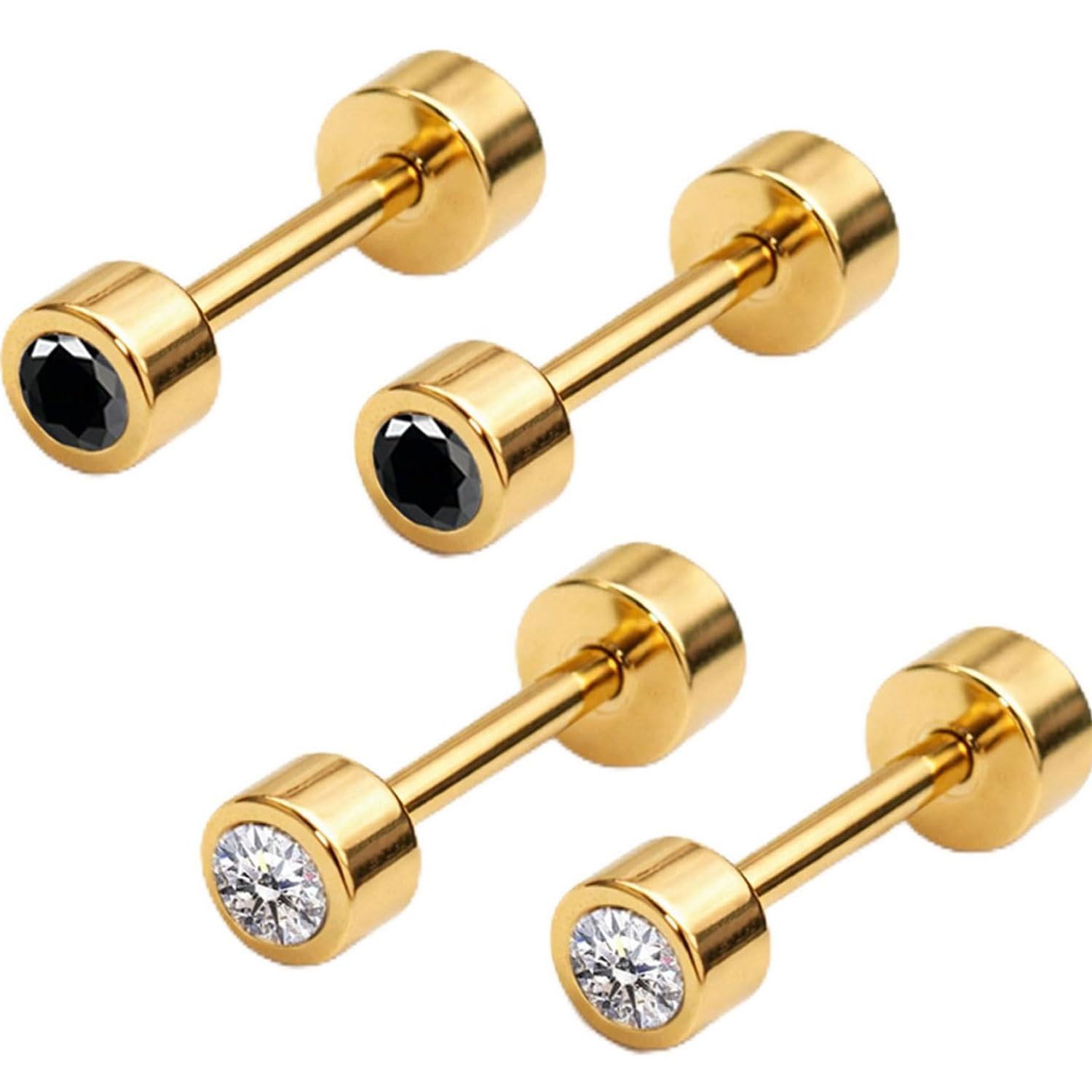 FASHIONS 5mm 2 Pair 18K Gold Plated Stainless Steel Anti Tarnish Piercing Tyre Shape Black & White Stone Medium Ear Stud Hypoallergenic Lightweight Studs Earrings Combo Set for Men & Boys-image-33