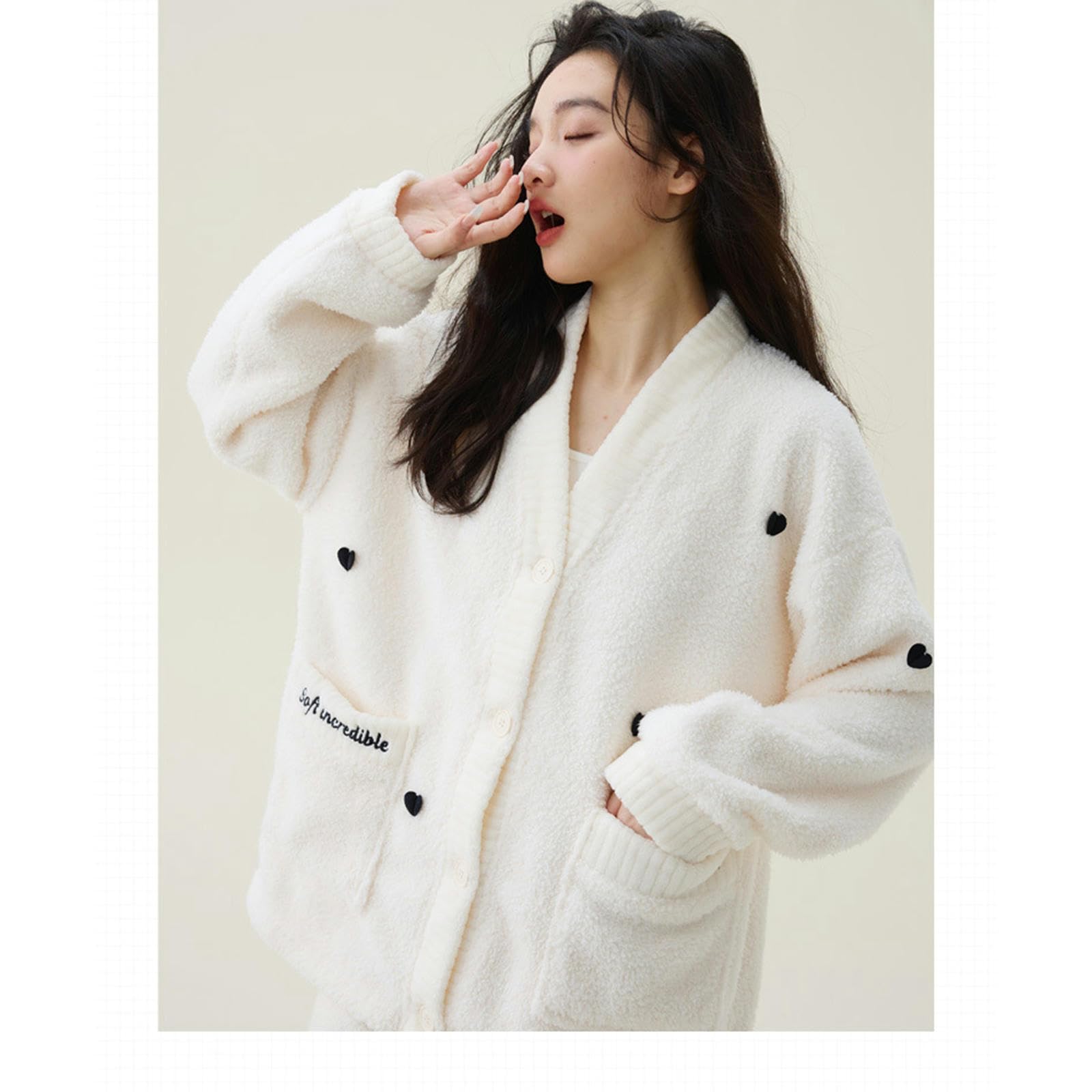 Pigiama Donna Invernale Velluto Invernale in Velluto Caldo Velluto Femmina Net Cardigan Pigiame Spesse Abiti da Velluto Abiti da Casa-White Love V -Neck Robe + Pants-l