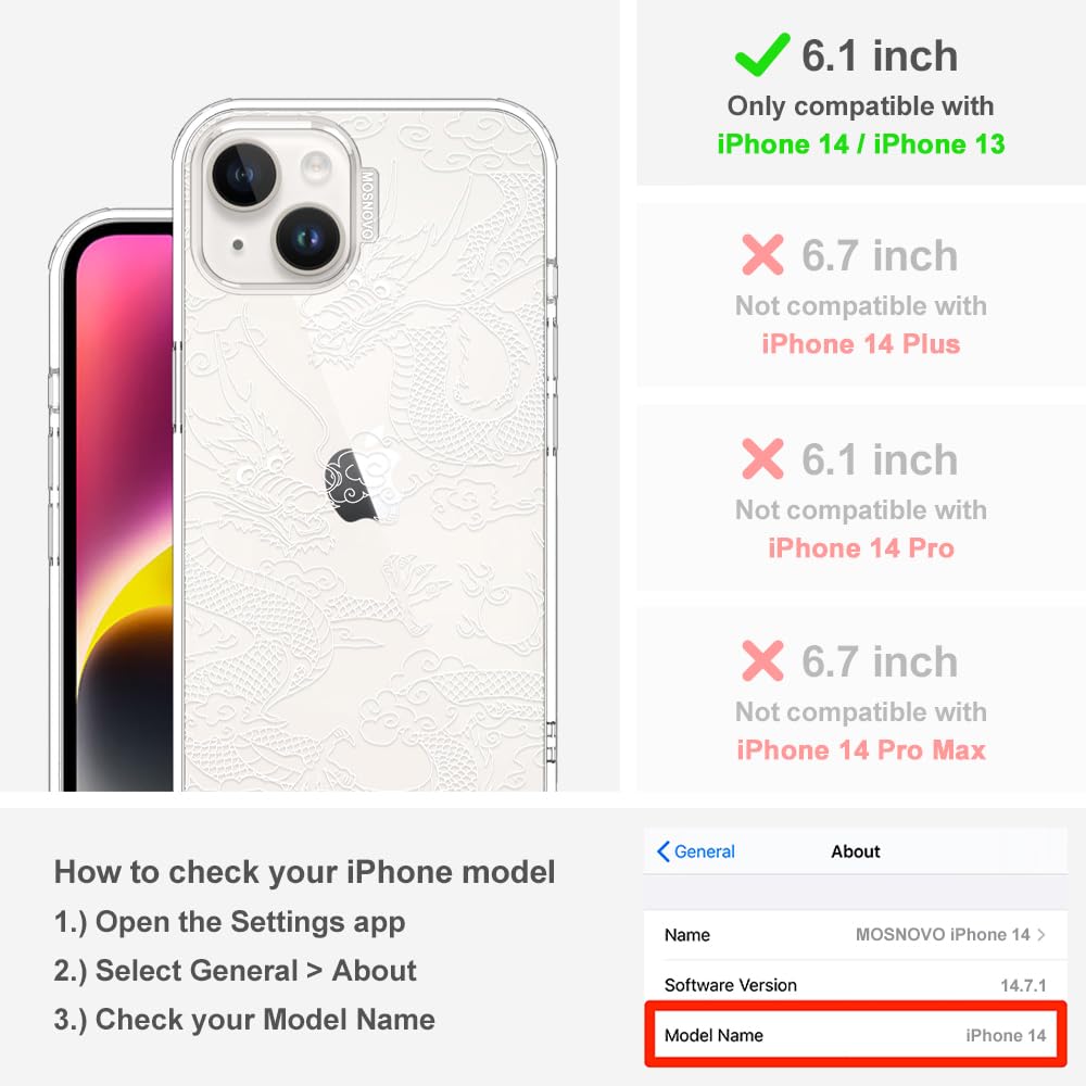 MOSNOVO iPhone 14 and iPhone 13 Case, Transparent Shockproof TPU Cover [Protection from Military Falls up to 2 m] [Anti-Skip Technology] - White Dragon - 3