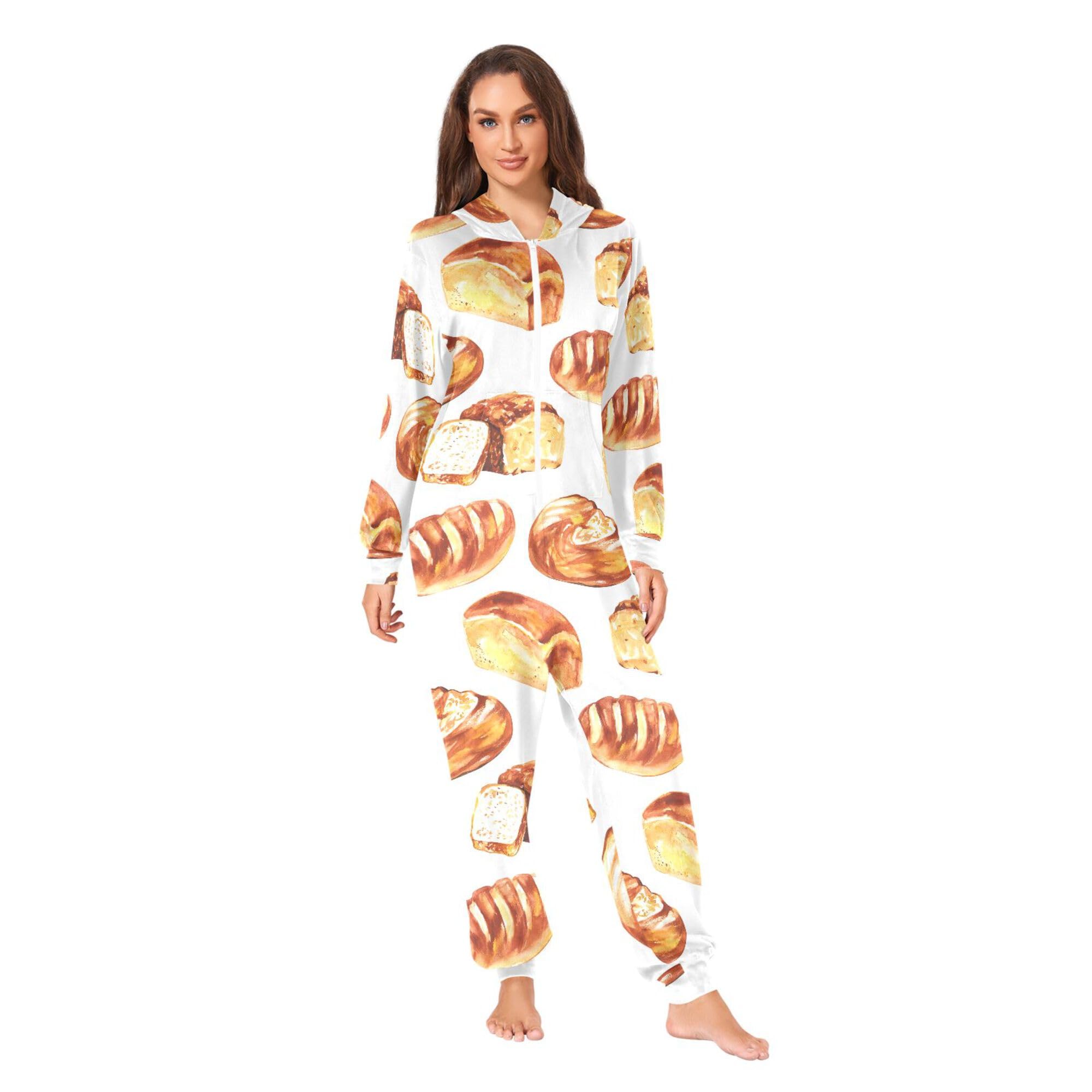 Pijama enterizo con capucha para adultos, con estampado de pan, cómodo pijama de una pieza para mujeres y hombres