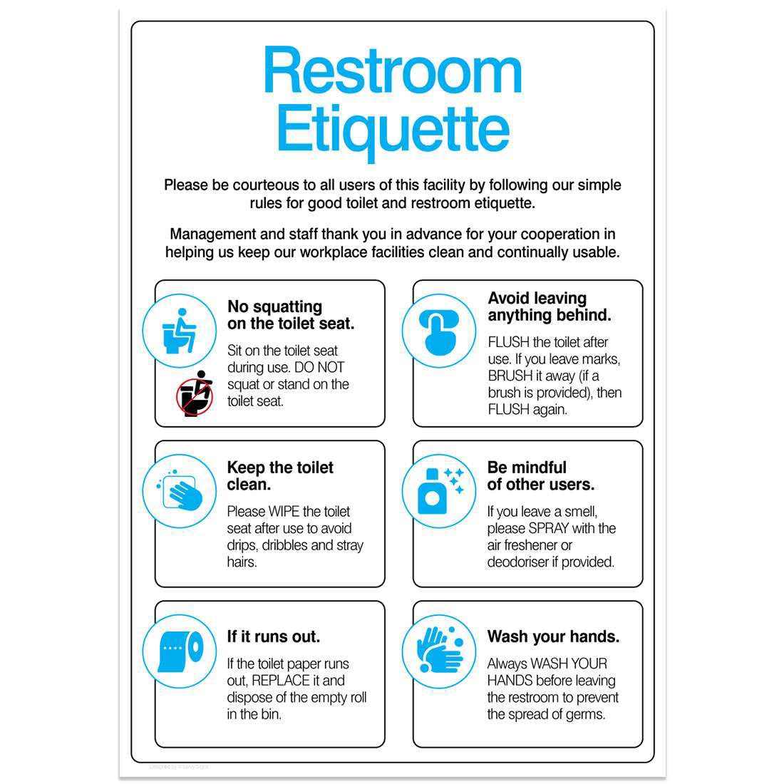 Restroom Etiquette Visual Sign Corporate Version Colour Variations Metal Tin Sign 8 x 12 inch for Industrial & Commercial