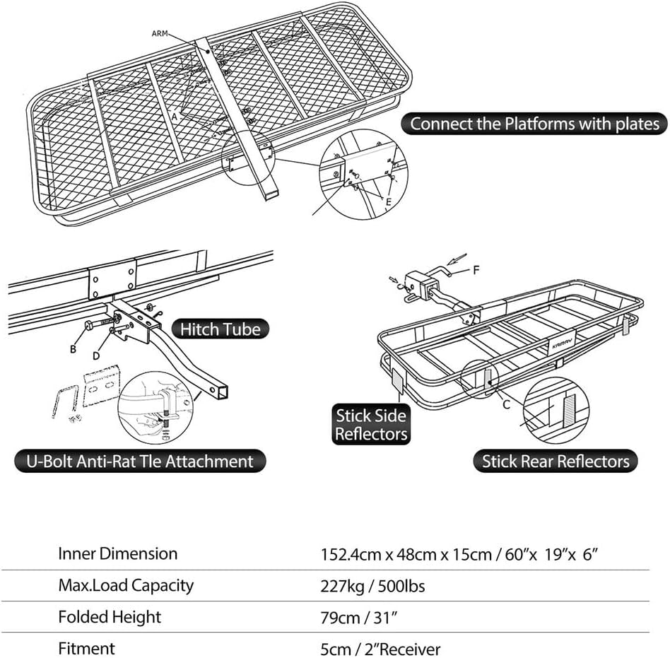Hitch Mount Cargo Carrier 60 x 20 Inch Folding Luggage Basket with Waterproof Cargo Bag Net Straps Lock and Stabilizer, Heavy Duty Steel Rack for SUV Pickup Truck 500 LBS Capacity