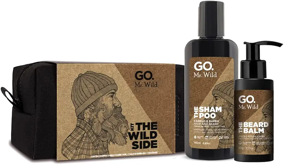 Kit Necessaire Go Man linha Mr Wild - Shampoo + Balm de Barba + Necessaire de nylon exclusiva feita a mão, excelente presente