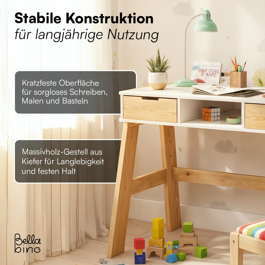 Bellabino Campo Kinderschreibtisch höhenverstellbar 56-75 cm – Schreibtisch Kinder ab 6 Jahren mit 2 Schubladen – Schülerschreibtisch mit viel Stauraum aus Massivholz Kiefer in Weiß