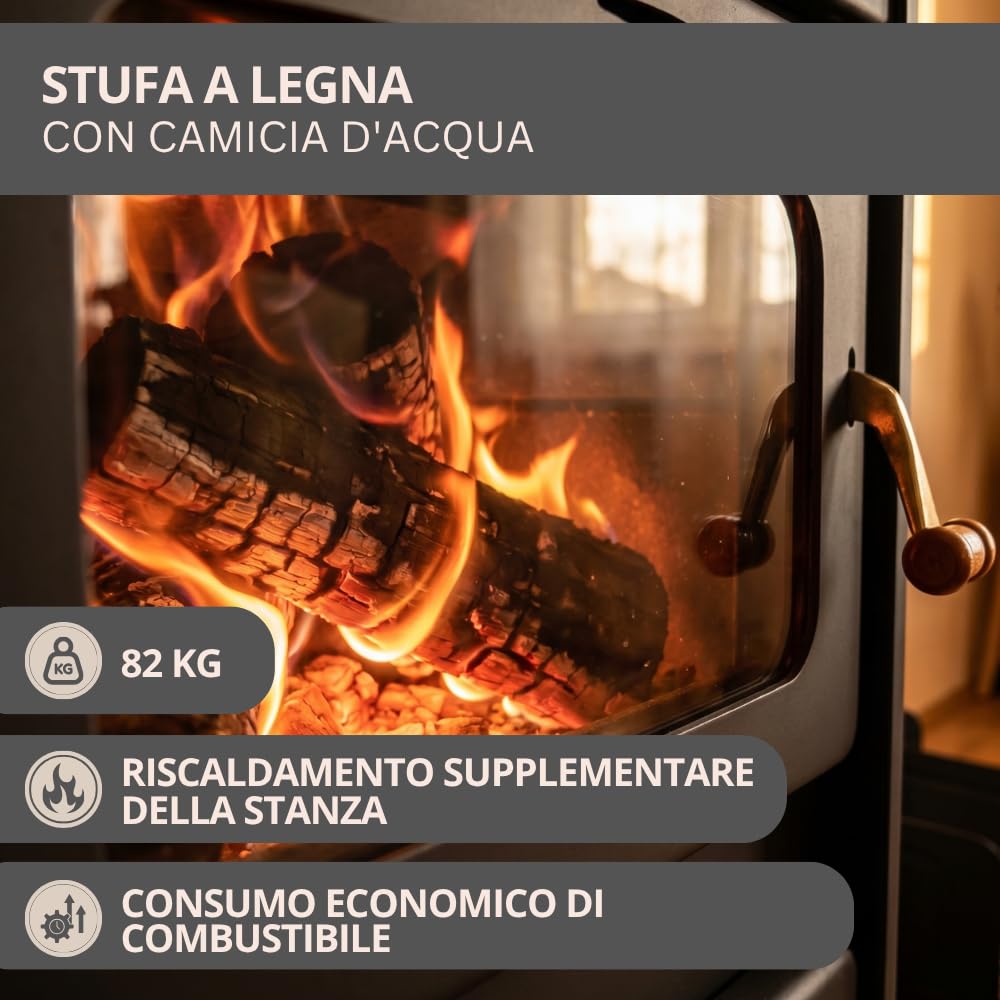 Prity S1 W10 Stufa a legna con acquatoio 10 kW | Riscaldamento centralizzato | Certificazione CE | Stufa a legna autoportante
