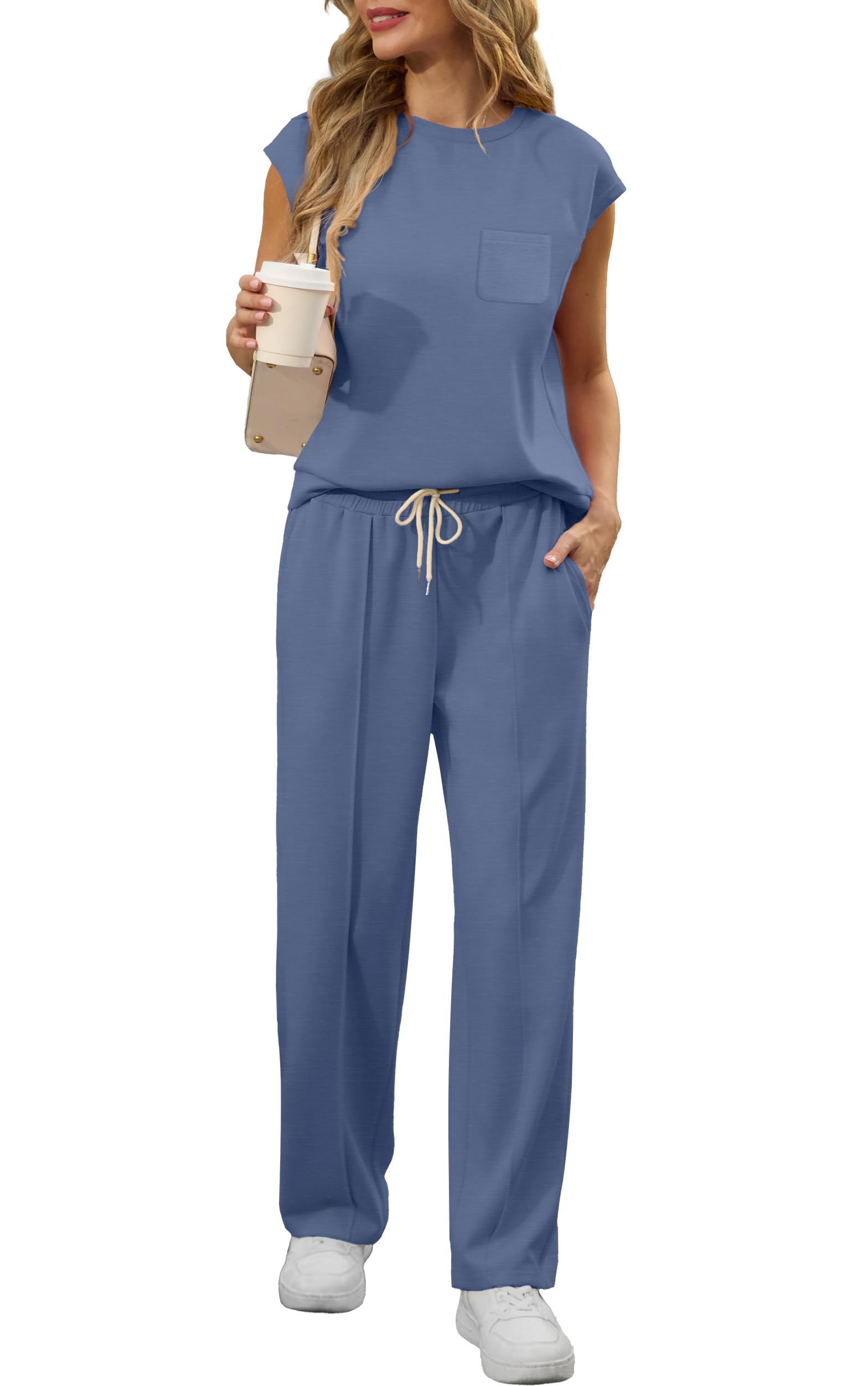 GRECERELLE Zweiteiler Trainingsanzug Damen Sommer Outfits Tracksuit Kurzarm Lässige Crew Neck Cap Sleeve Tops und Jogginghosen Trainingsanzüge mit Taschen