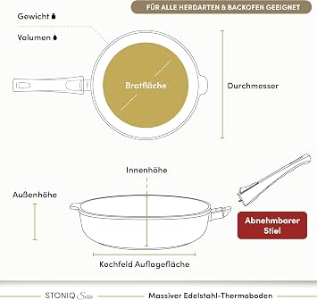 Hoffmann Stoniq High Rim Pan 28 cm Non-Stick Coating PTFE and PFAS-Free Suitable for Induction Cookers Oven Safe up to 300 °C Frying Pan Sauté Pan (with Lid 28 cm)