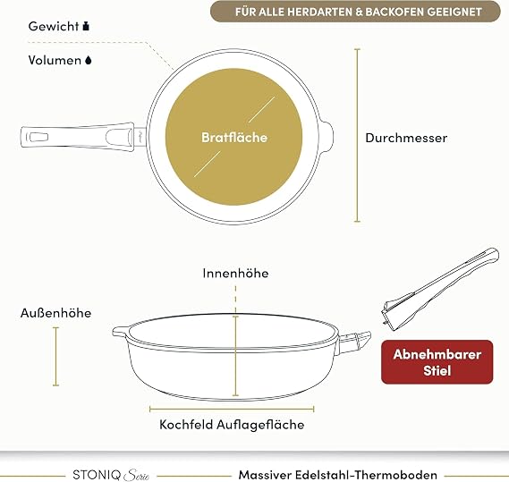 Hoffmann Stoniq High Rim Pan 28 cm Non-Stick Coating PTFE and PFAS-Free Suitable for Induction Cookers Oven Safe up to 300 °C Frying Pan Sauté Pan (with Lid 28 cm)
