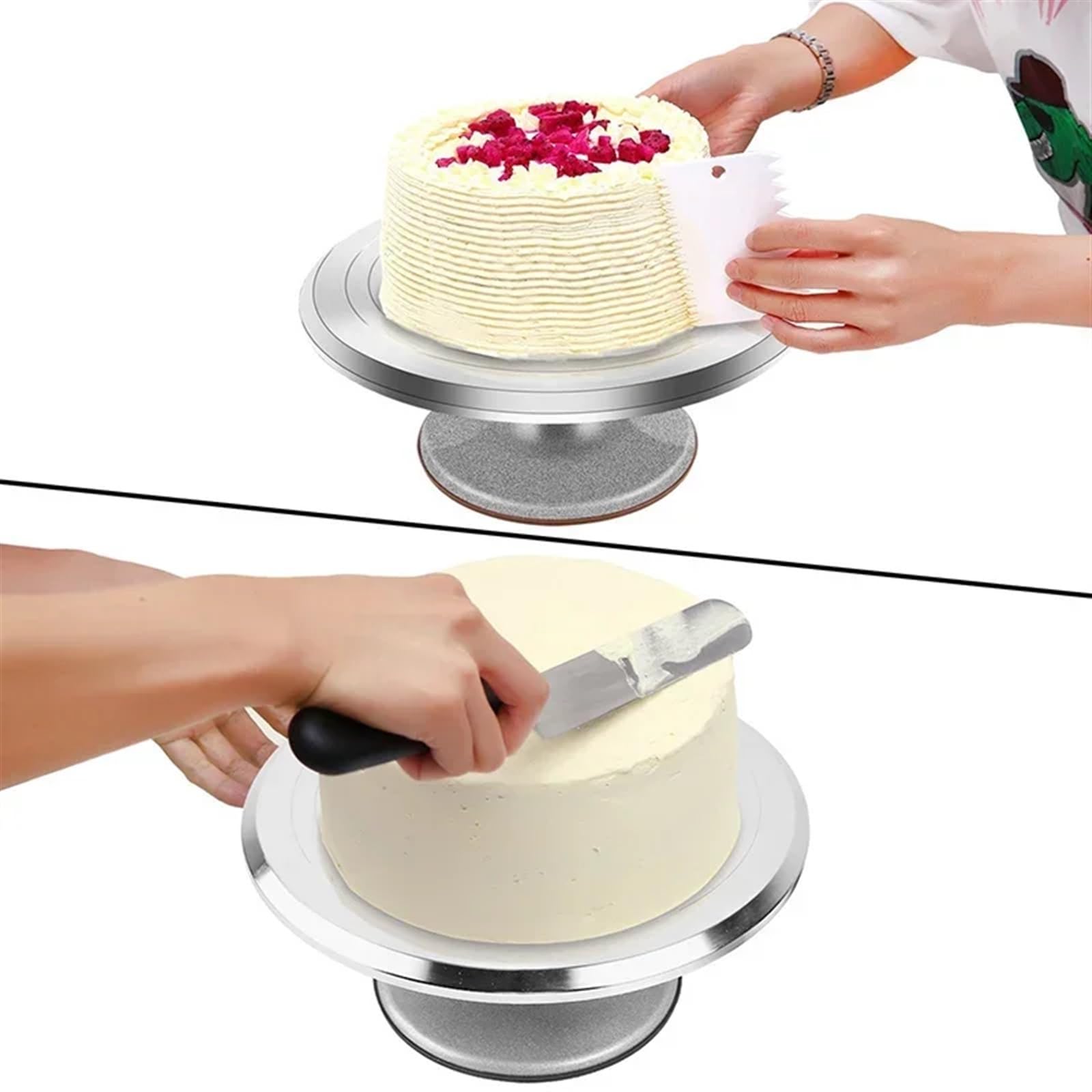 Plateau tournant pour gâteaux Ensemble de décoration en alliage d'aluminium 12 pouces, plateau tournant for gâteaux, moule à gâteau, ensemble d'outils cuisson(Silver-10 inch)