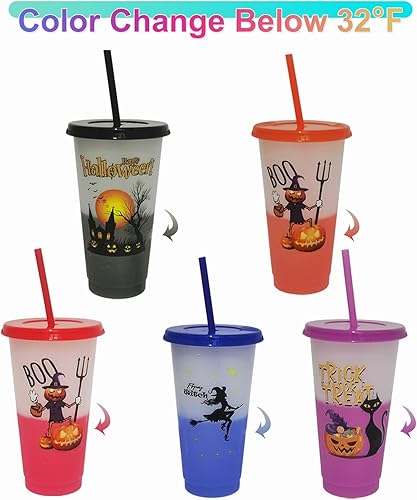 Miniatura 2 de Aodse Vasos que cambian de color de Halloween con tapas y pajitas, paquete de 10 vasos de plástico de 24 onzas con castillo, calabaza, gato negro