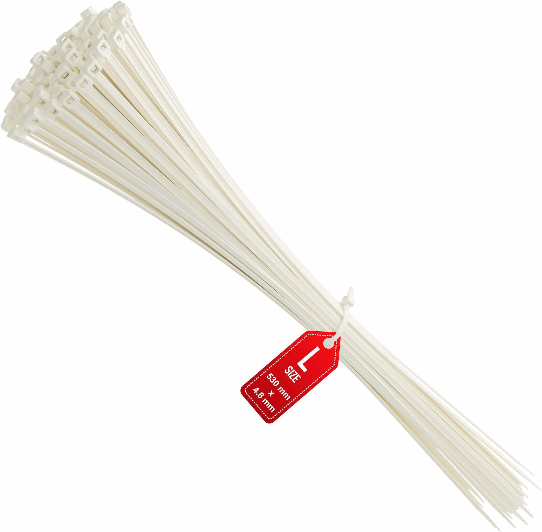 intervisio Heavy-Duty 530mm x 4.8mm Cable Zip Ties Long, Durable Professional Resistant 530 mm Wrap Nylon Large Cord for Cables Management, Indoor, Outdoor, White, Natural, 100 Pieces