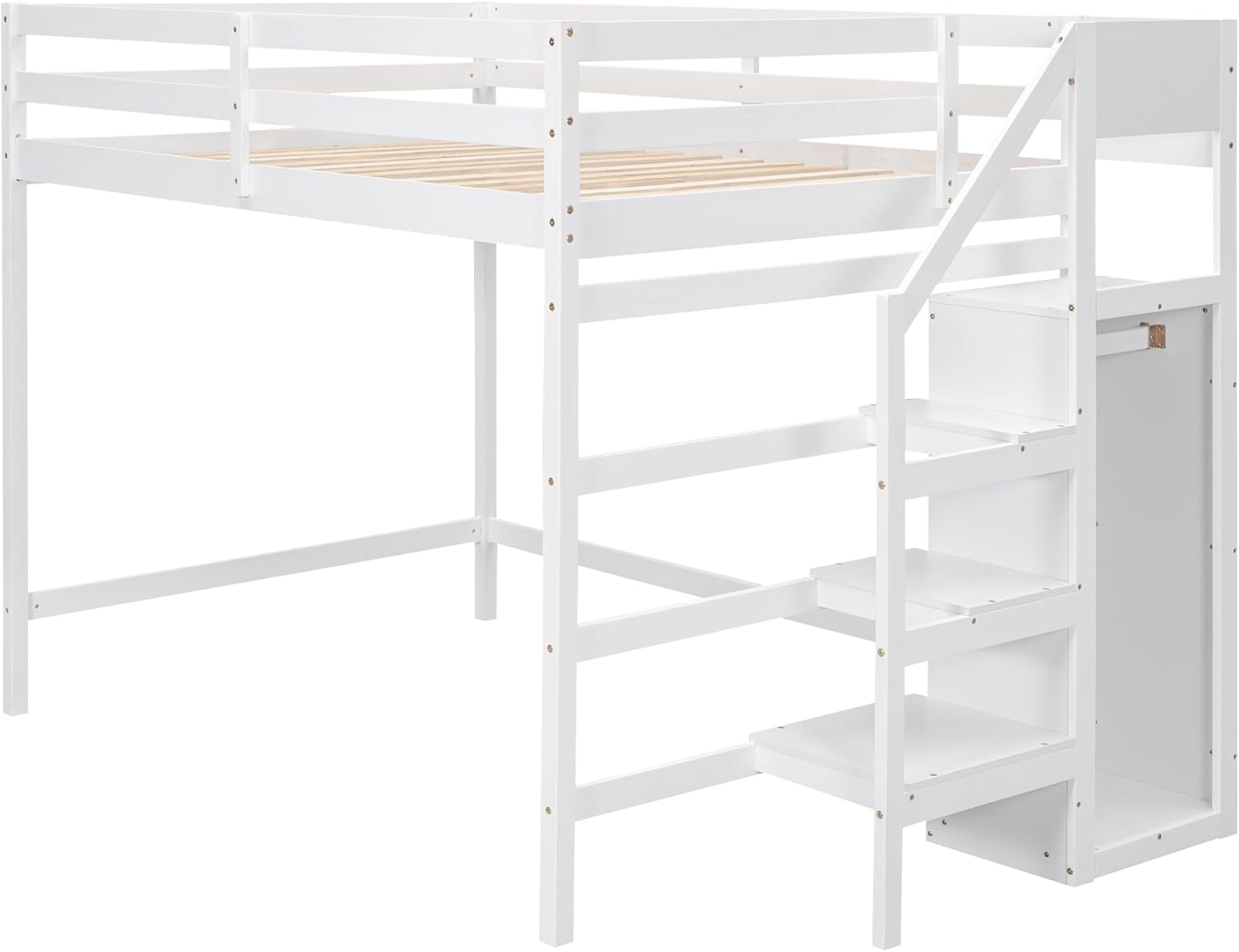 Full Size Loft Bed with Stairs and Built-in Storage Wardrobe, Multi-Functional Solid Wood Bedframe, Heavy Duty High Loft Bed Frame for Bedroom, Dorm, Guest Room, No Box Spring Needed, White