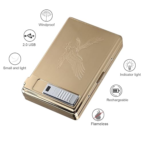 Miniatura 4 de Encendedor de cigarrillos, paquete completo de metal, 20 cajas de cigarrillos regulares, recargable por USB, encendedor de cigarros, sin llama,