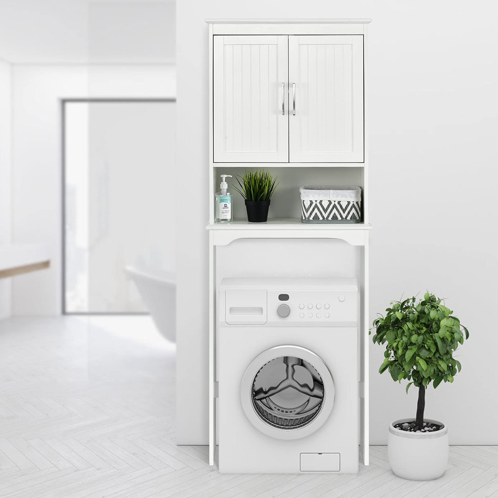 COSTWAY Meuble WC 2 en 1 avec Placard à 2 Portes, Meuble de Rangement au-Dessus des Toilettes ou Lave-Linge avec Compartiment Ouverte, Étagère de Toilette Moderne, 23 x 63 x 170 cm, Blanc