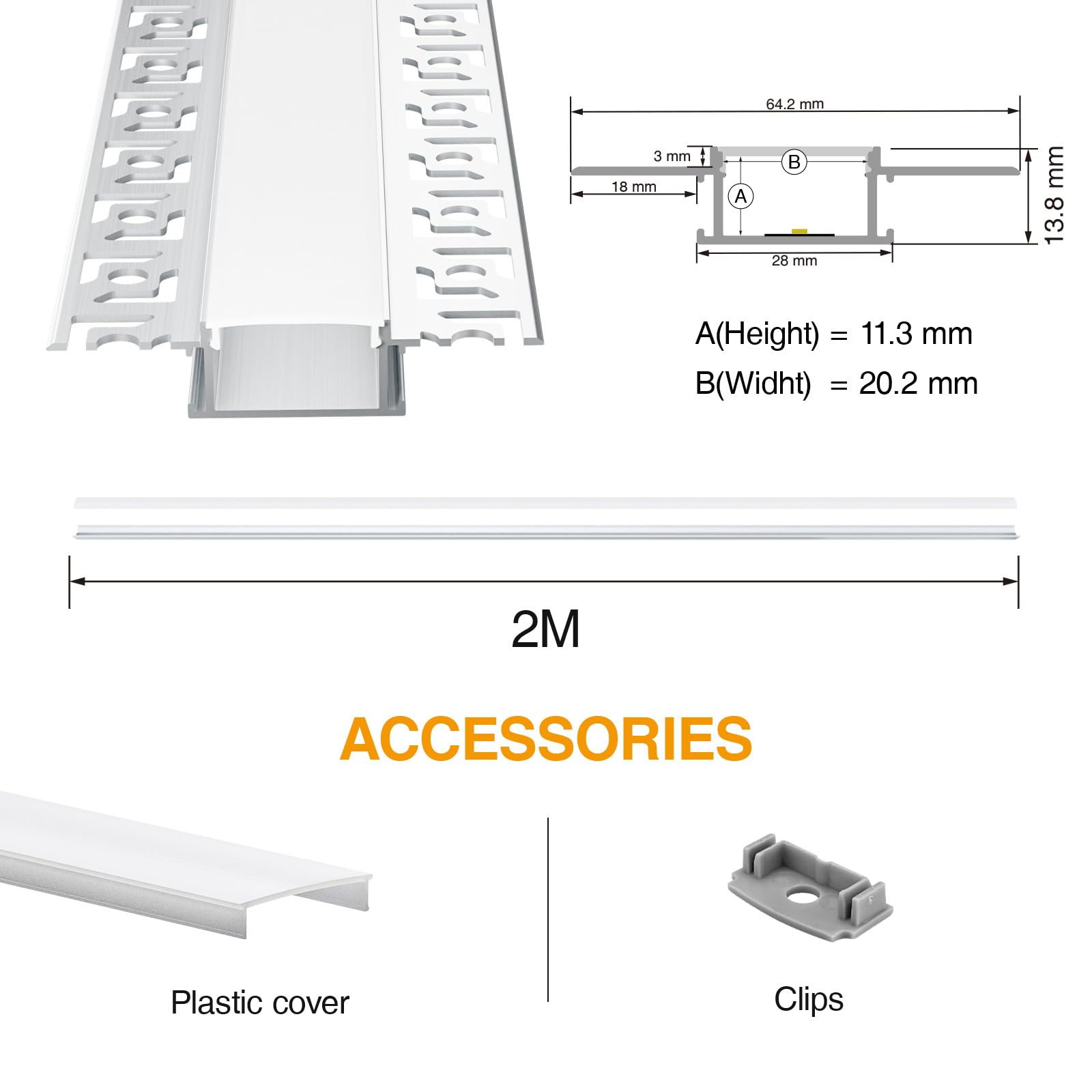 Profilo Alluminio per Strisce LED, 6× Profilo LED Cartongesso 2M (12m), Canalina LED con Diffusore, Dimensioni 64.2 x 13.8mm, Compatibile con Strisce LED fino a 20mm (6 * 2M(Totale 12M))