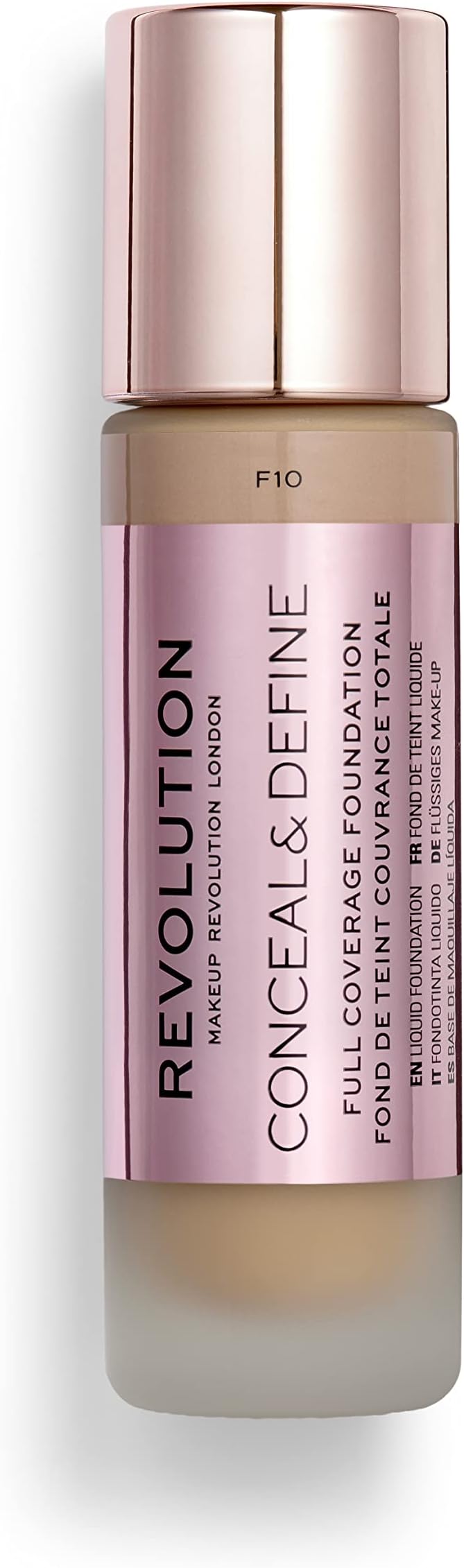 Makeup Revolution Conceal & Define Foundation, Cream Foundation Makeup, Full Coverage, For Medium Skin Tones, Vegan & Cruelty-Free, F10, 23ml