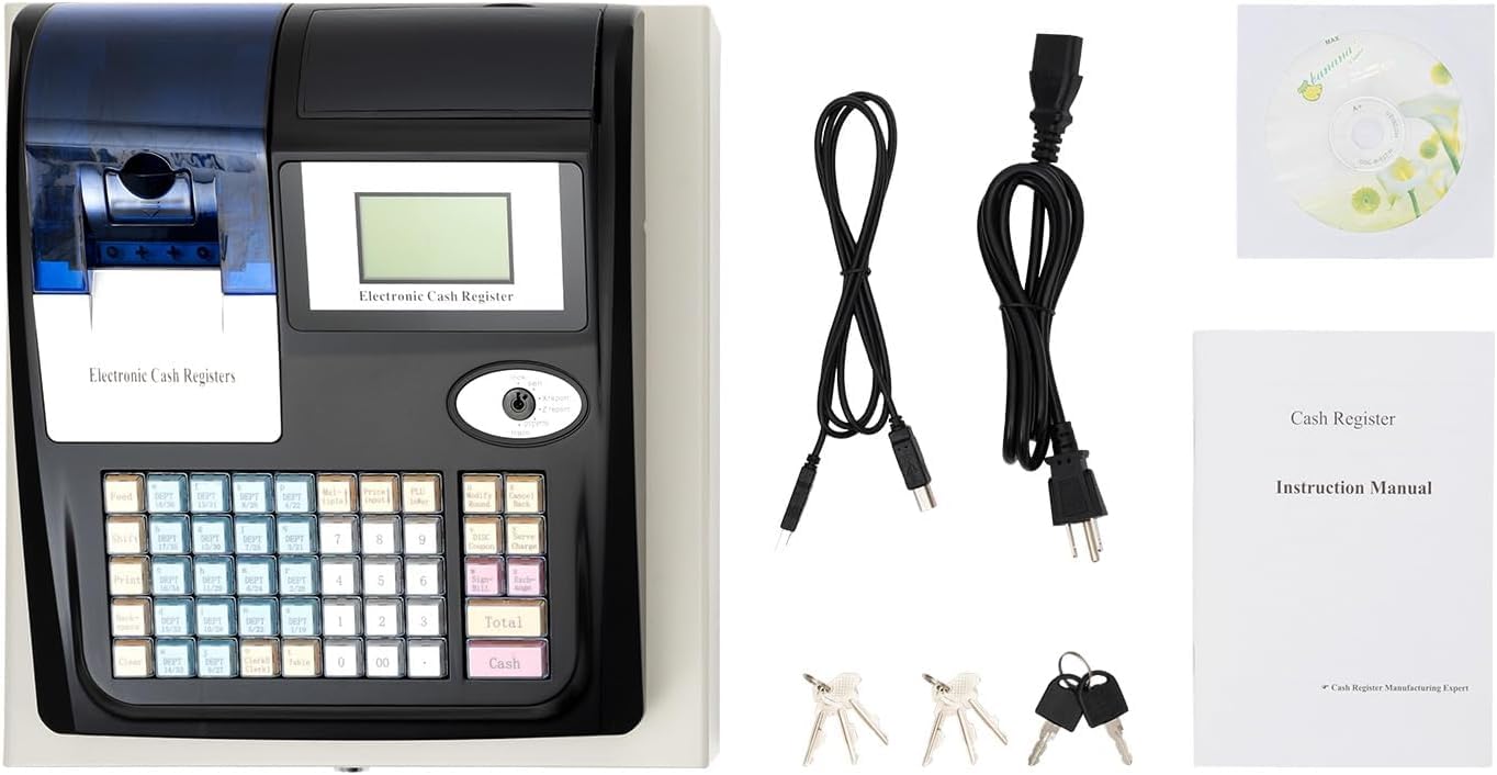 Sistema Pos Commerciale A 48 Tasti con Stampante Termica E Display LED Digitale A 8 Cifre, in Acciaio Inossidabile, Ideale per Negozi, Ristoranti E Centri Commerciali. Black
