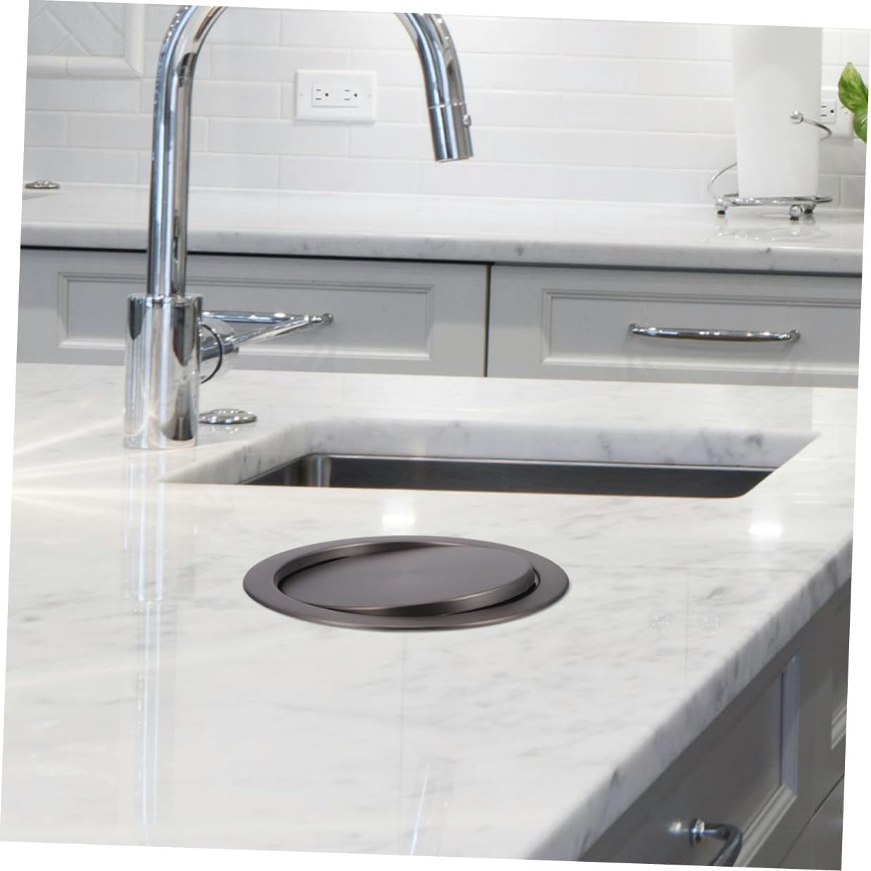Happyyami Stainless Steel Trash Bin Swing Flap Lid Recessed Built-in Trash Can Cover for Kitchen Bathroom Countertop Garbage Can