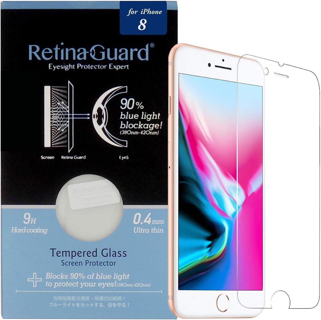 RetinaGuard Anti Blue Light Tempered Glass Screen Protector for iPhone 8 (4.7 Inch), SGS and Intertek Tested, Blocks Excessive Harmful Blue Light