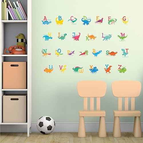 Miniatura 8 de DECOWALL DS-8033 A-Z Dinosaur Alphabet (pequeño) Calcomanías de pared para niños, calcomanías de despegar y pegar, removibles para guardería,