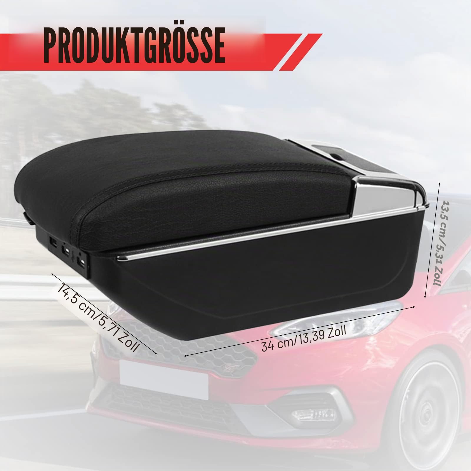 Auto Armlehnen für Fiesta 2009-2017, Zweilagige Armlehne mit 7 USB Ladeanschlüssen, Schwarzes PU Leder, Mittelkonsolen Aufbewahrungsbox
