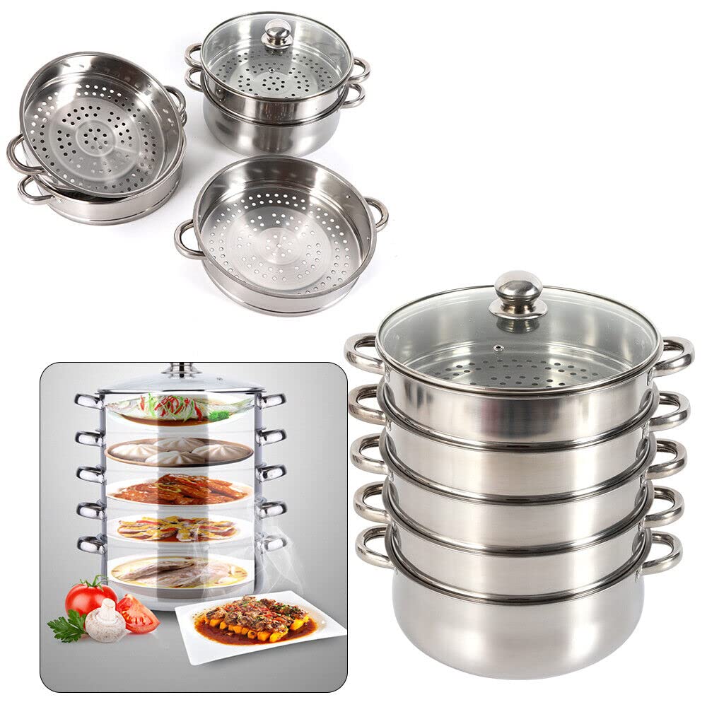 Fornello a vapore a 5 strati, 30/28/26 cm, in acciaio inox, con coperchio in vetro, pentola a vapore a induzione, pentola a vapore per la casa (30 cm)