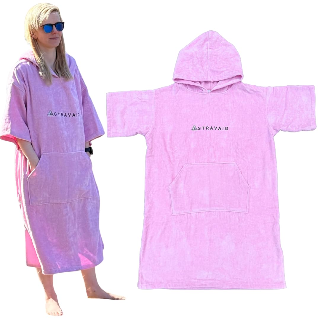 Stravaig Women's Pink Towelling Poncho For Adults And Kids (350Gsm) - Easy Changing Towelling Robe For Swim, Surf, Wild Swimming, Beach (, S-M)