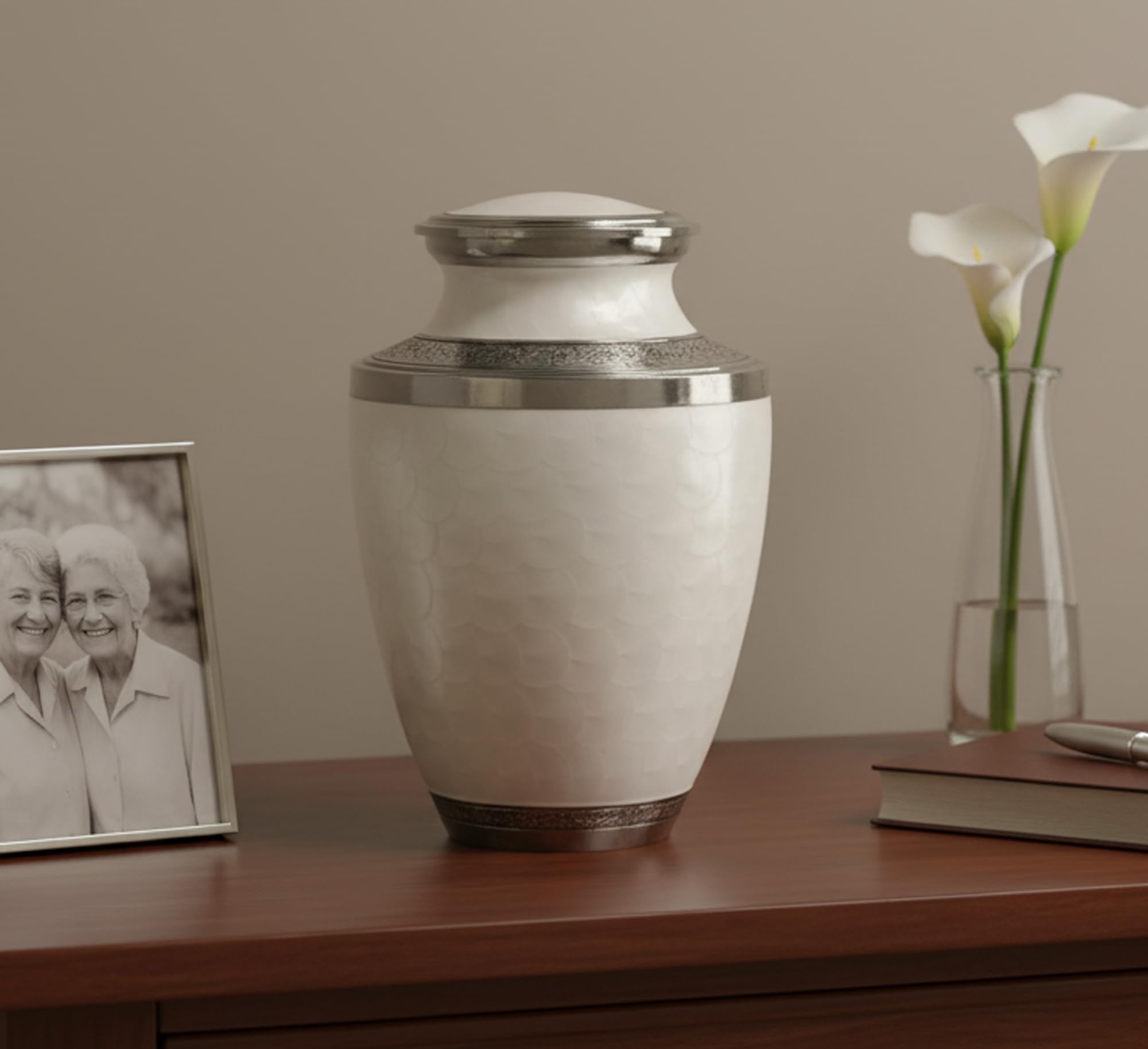 Cremation Urn Memorial Human Ashes Container Jar Pot | Burial Funeral Urns |Metal-White- 10" Inches (Full Size)