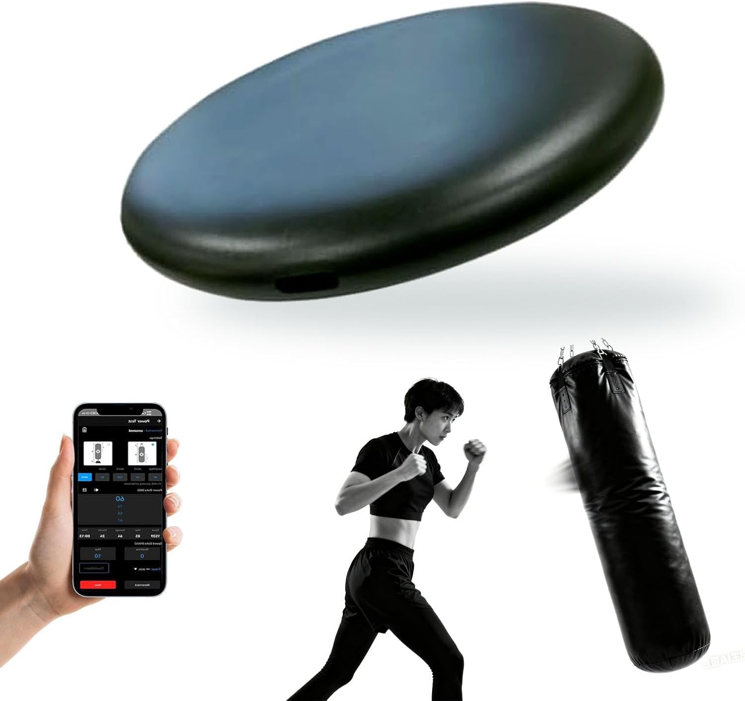 Smart Punch Tracker for Boxing Bag - Real-Time Force, Speed & Power Monitor on App, 200H Runtime & Voice Feedback, Portable Punching Bag Sensor for Home/Gym Use (Water Bag Not Supported) Black