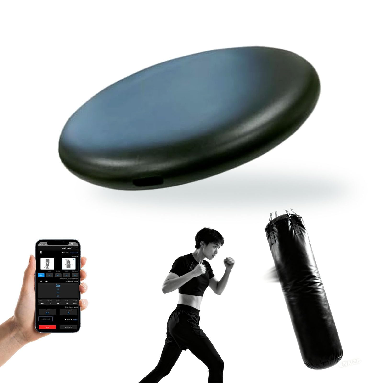 Smart Punch Tracker for Boxing Bag - Real-Time Force, Speed & Power Monitor on App, 200H Runtime & Voice Feedback, Portable Punching Bag Sensor for Home/Gym Use (Water Bag Not Supported) Black