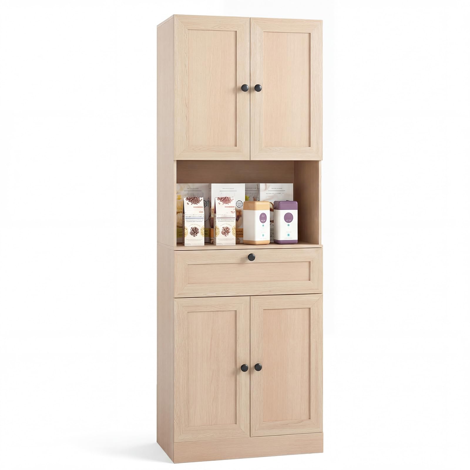 COSTWAY 171.5cm Tall Kitchen Cupboard, 4-Door Pantry Storage Cabinet with Adjustable Shelf, Drawer & Anti-tipping Device, Freestanding Sideboard Organizer Unit for Home Dining Room (Natural)