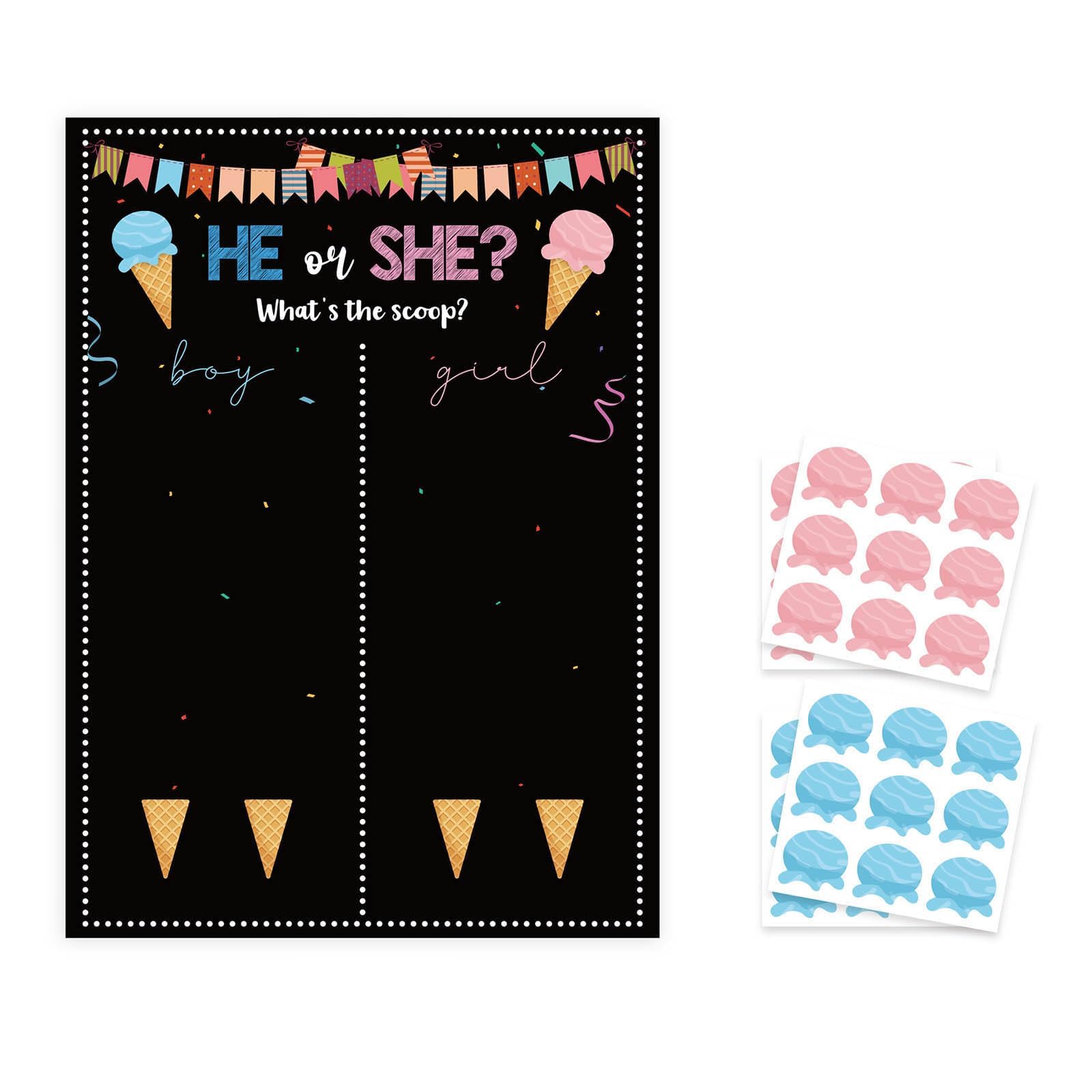 KASTWAVE Baby Gender Reveal Board, Party Supplies Kit with Decorations Games Gender Reveal Voting Poster Board with Stickers, Chalkboard Design Party Games Kit (Ice Cream)