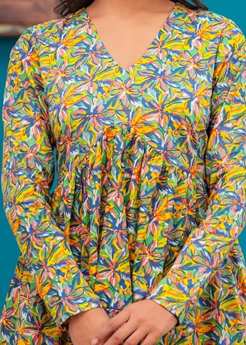 Image of LABEL ADRIJA Cotton V Neck Anarkali Short Kurti for Women Full Sleeve Floral Print | Short Kurtis for Women on Jeans