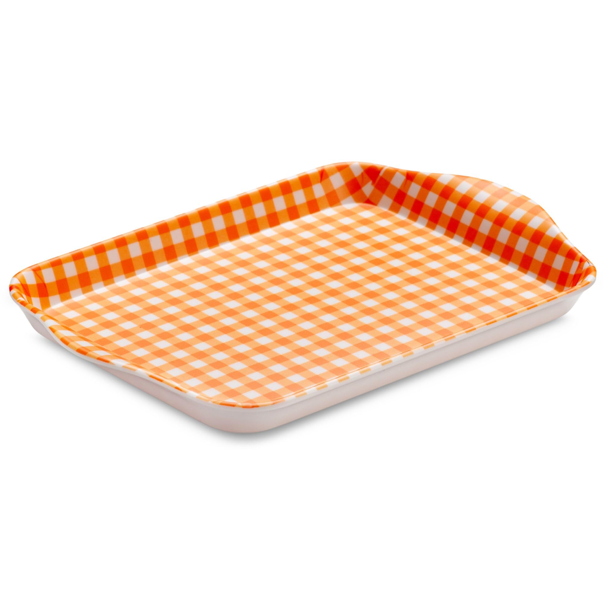 Zeal Mini Serving Tray, Small Melamine Tea & Coffee Tray, Gingham Pattern Snack & Drinks Tray with Raised Handles, BPA Free, 18 x 14cm (Neon Orange)