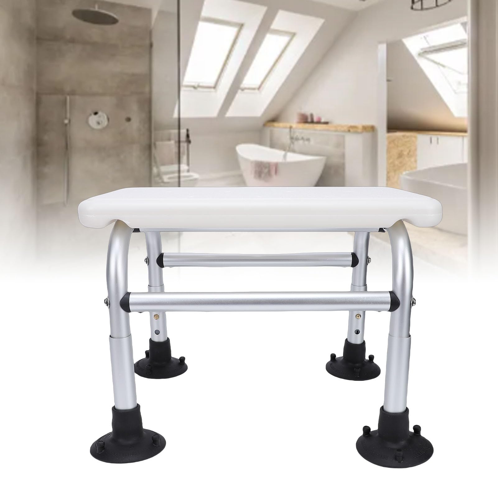 Duschstuhl, Badehocker, Höhenverstellbar, rutschfeste Füße mit Abflusslöchern, Robuster Badezimmersitz aus Aluminiumlegierung für ältere und Behinderte Erwachsene, 40,9 X 21,6 X